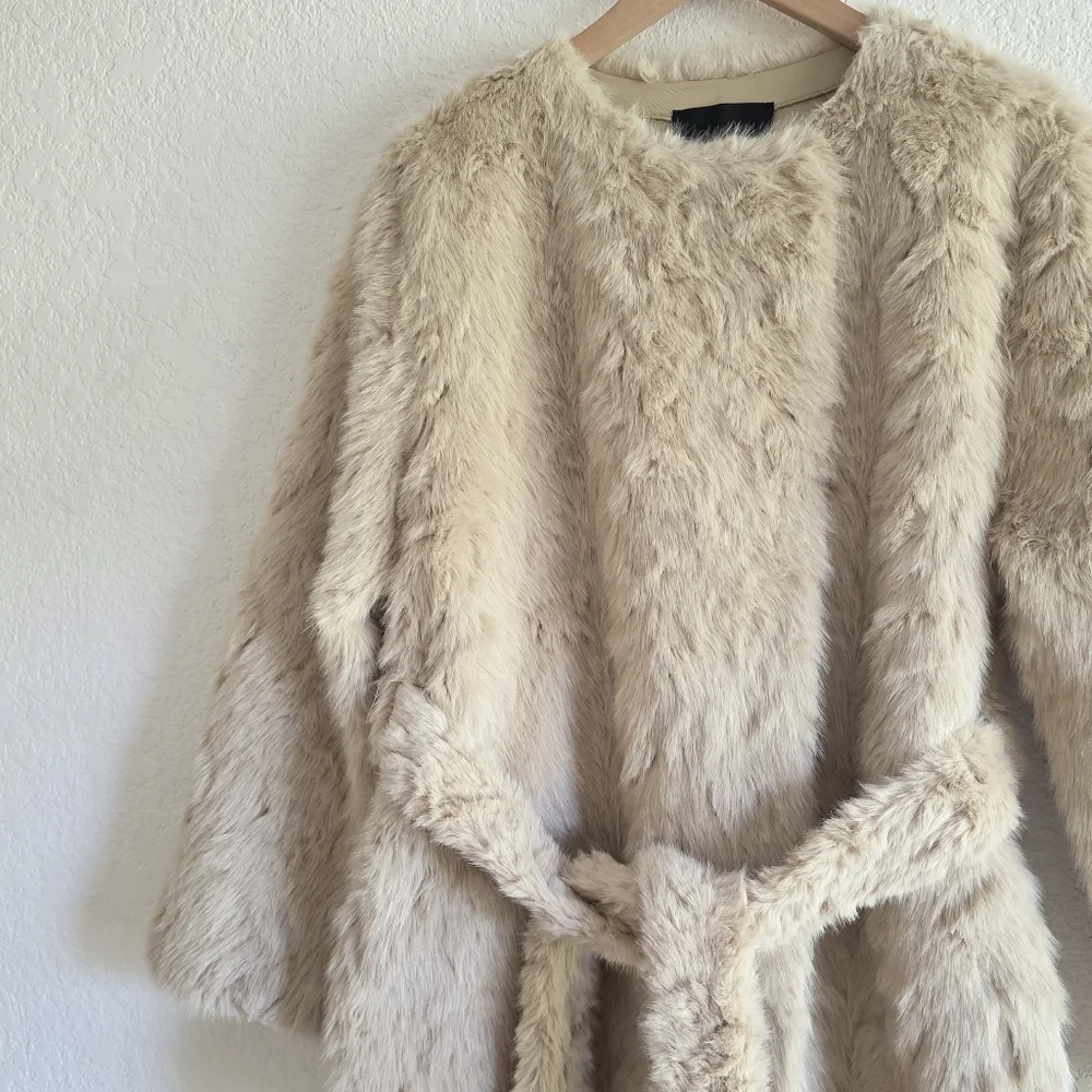 ZARA FAUX FUR BELTED COAT CREAM SIZE XL